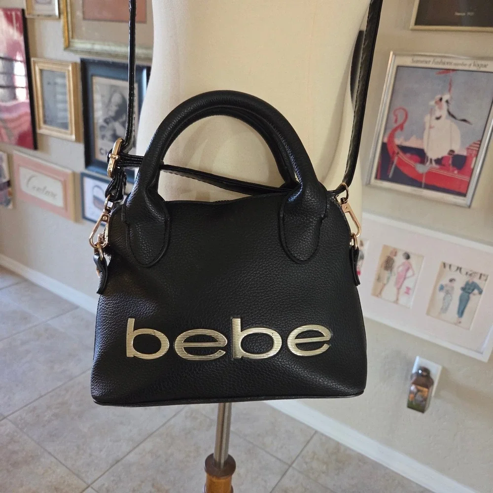 Bebe Black Pebble Grain Dome Satchel Crossbody‎ Bag Gold Logo Top Handle